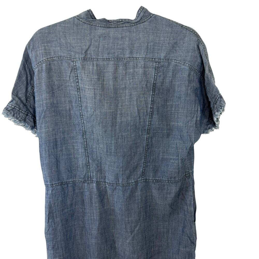 Trina Turk Chambry Lightweight Popover Dress Blue Frayed Hemline Linen Blend M - Picture 8 of 13